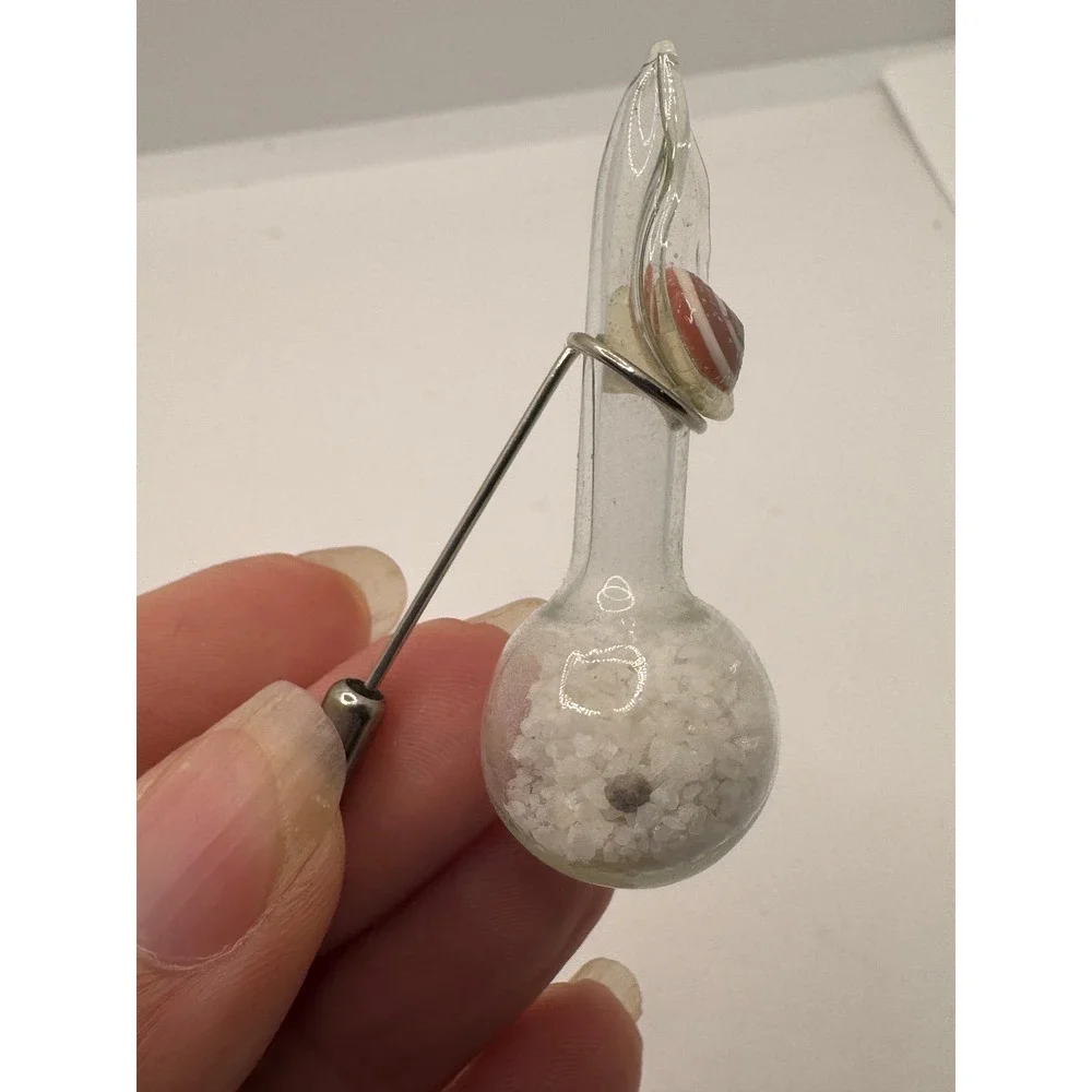 Vintage Glass Vial Beach Sand Seashell Stick Pin Nautical Lapel Brooch Silver